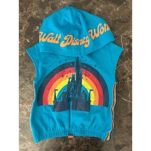 Walt Disney World Girls Hooded Short Sleeve Shirt Blue Rainbow Stripe Size Small
